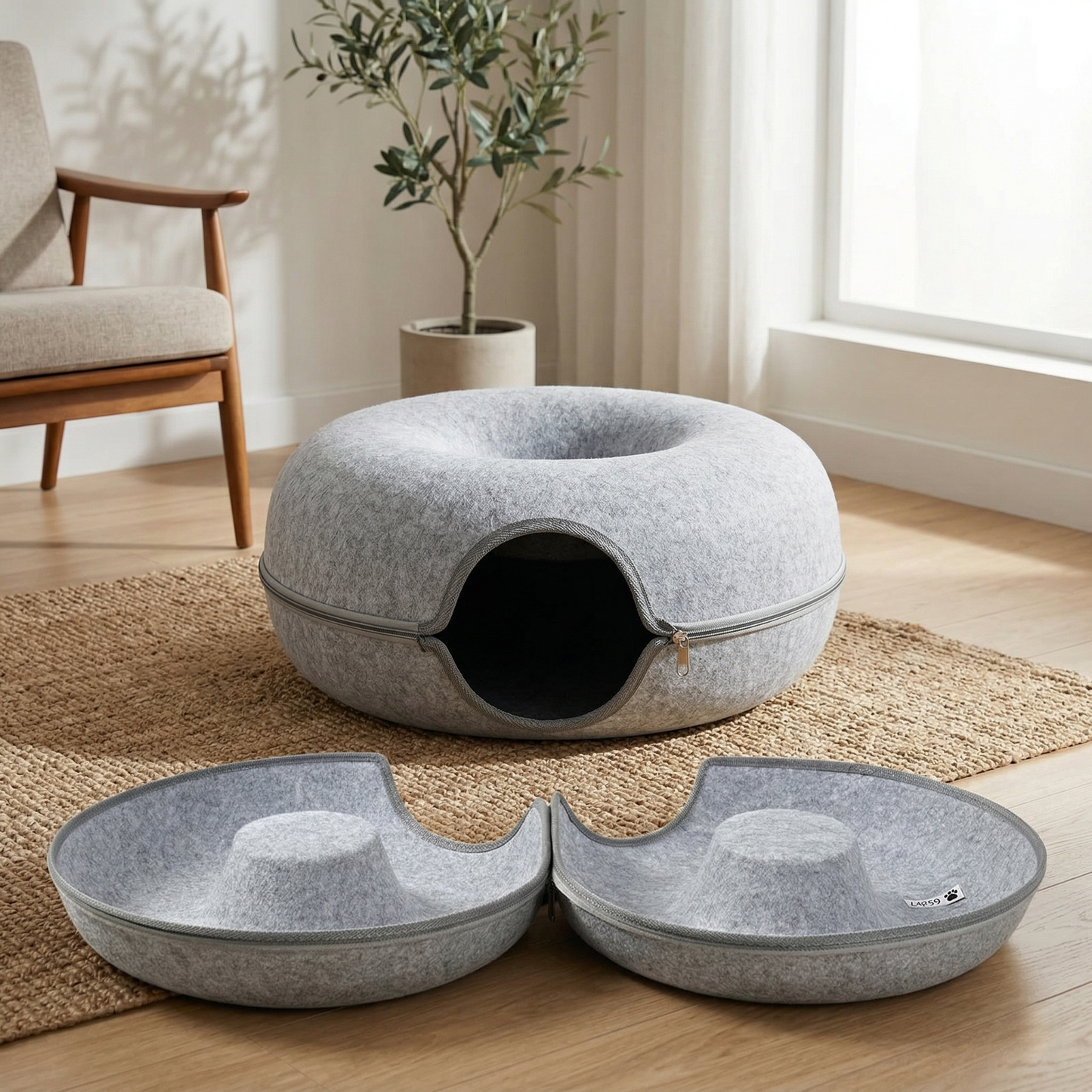 CozyPaws™ Cat Tunnel Bed - Natural Felt Donut Cave for 1-2 Cats