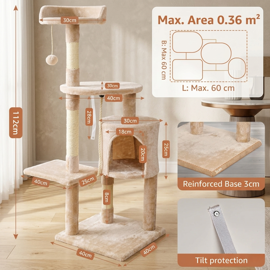 CozyPaws™ 112cm Cat Tree — Multi-Level Indoor Tower with Condo, Sisal Posts & Top Perch for Cats