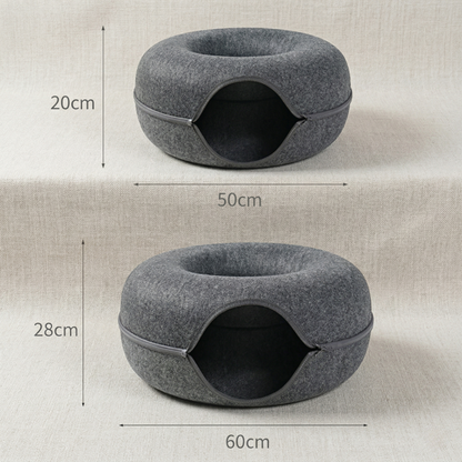 CozyPaws™ Cat Tunnel Bed - Natural Felt Donut Cave for 1-2 Cats