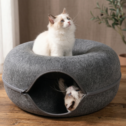 CozyPaws™ Cat Tunnel Bed - Natural Felt Donut Cave for 1-2 Cats