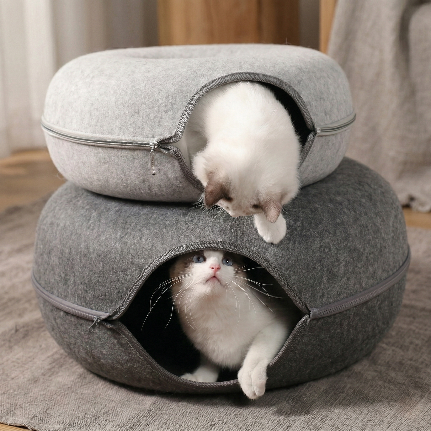 CozyPaws™ Cat Tunnel Bed - Natural Felt Donut Cave for 1-2 Cats