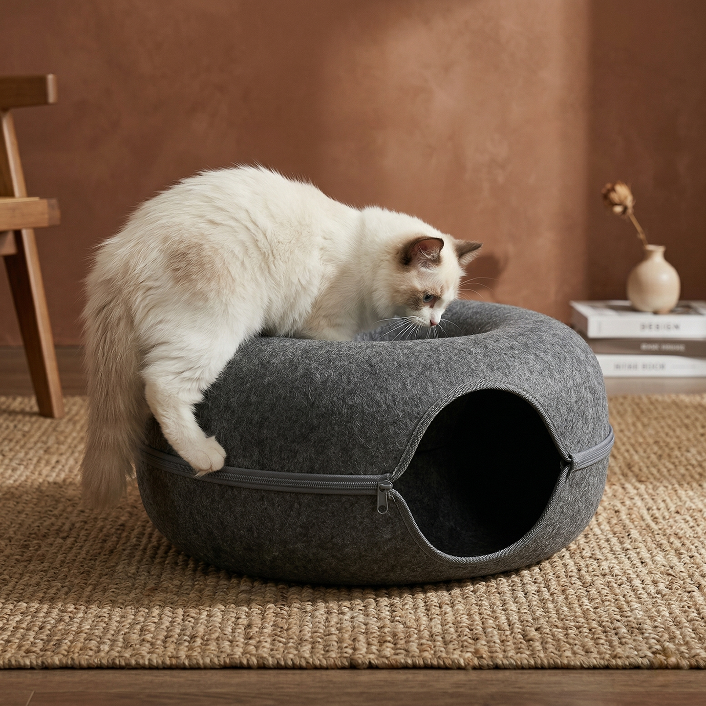 CozyPaws™ Cat Tunnel Bed - Natural Felt Donut Cave for 1-2 Cats