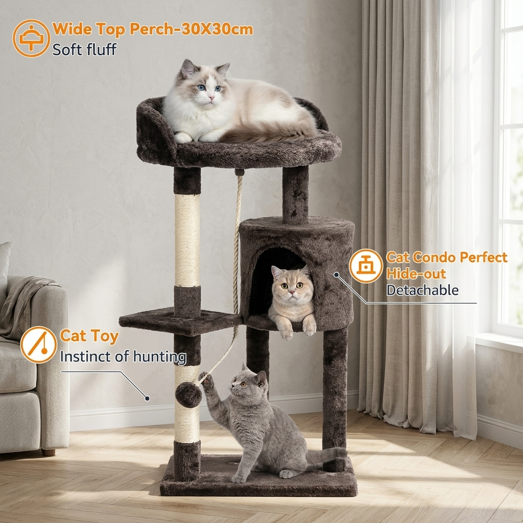 CozyPaws™ 112cm Cat Tree — Multi-Level Indoor Tower with Condo, Sisal Posts & Top Perch for Cats