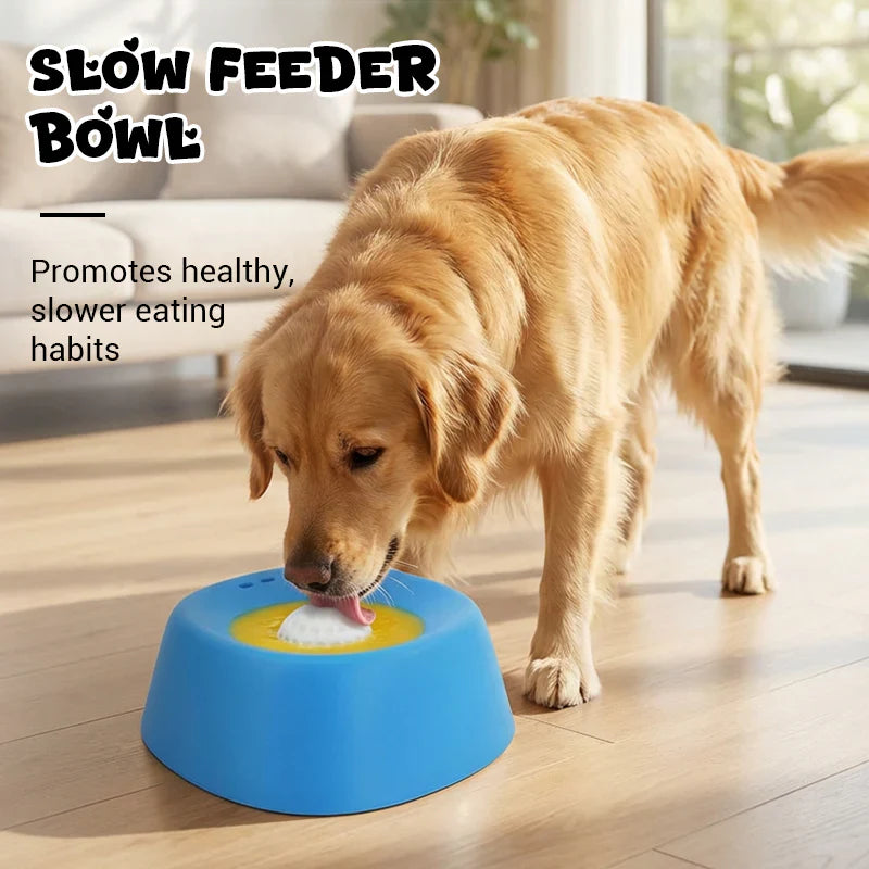 Anti-gulping bowl for dogs with rolling ball